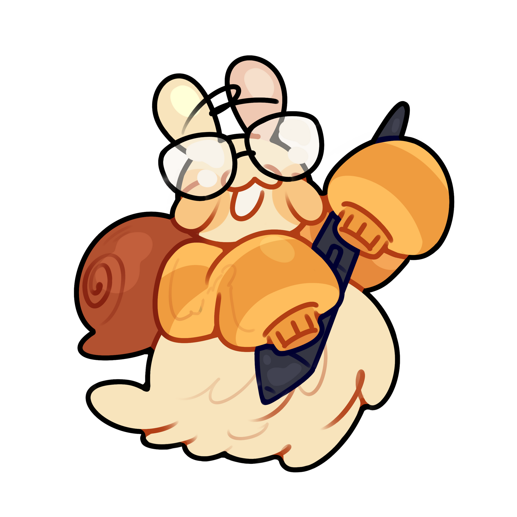 A digital drawing depicting a little chibi snail clutching an oversized tablet pen.