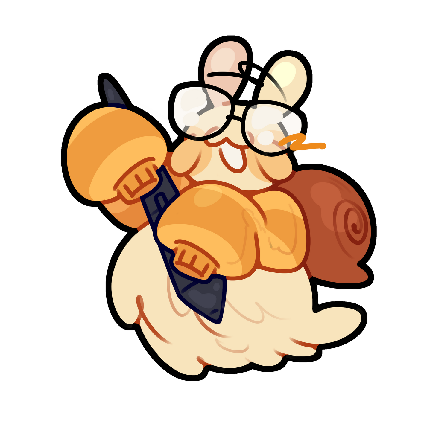 A digital drawing depicting a little chibi snail clutching an oversized tablet pen.