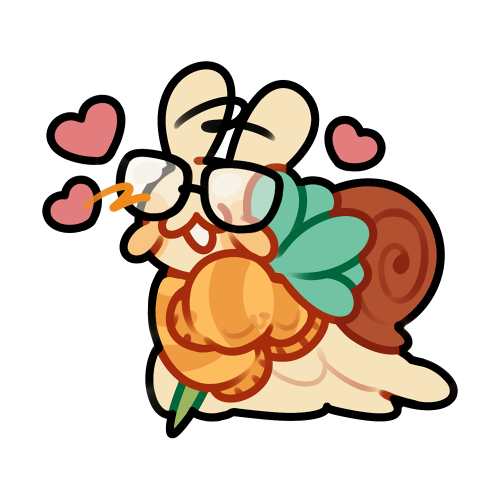 A digital drawing depicting a little chibi snail clutching an oversized flower while surrounded by hearts.